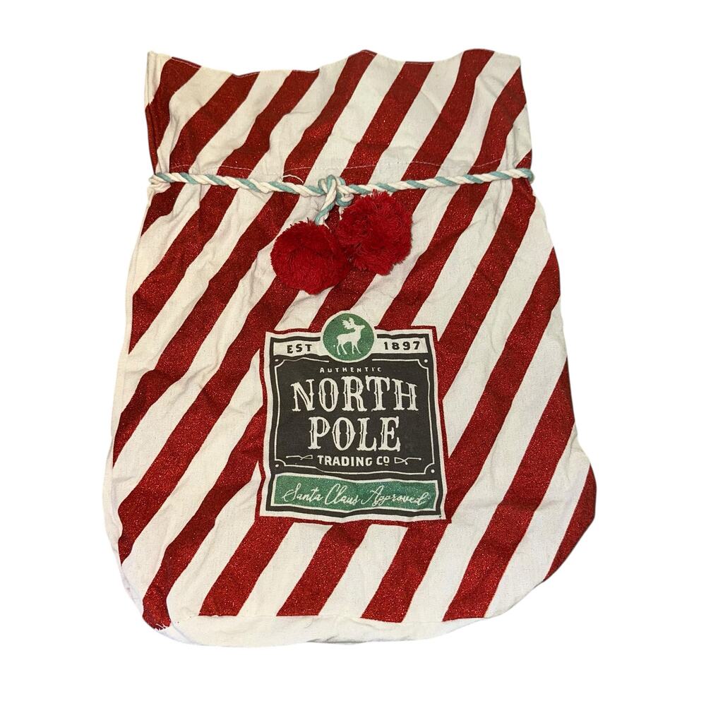 Santa Sack North Pole‎ Christmas Gift Bag Red Stripe Pom Pom NWOT